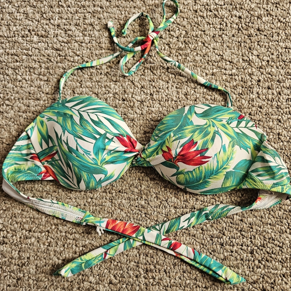 Green and white Tropical bikini top - Size M